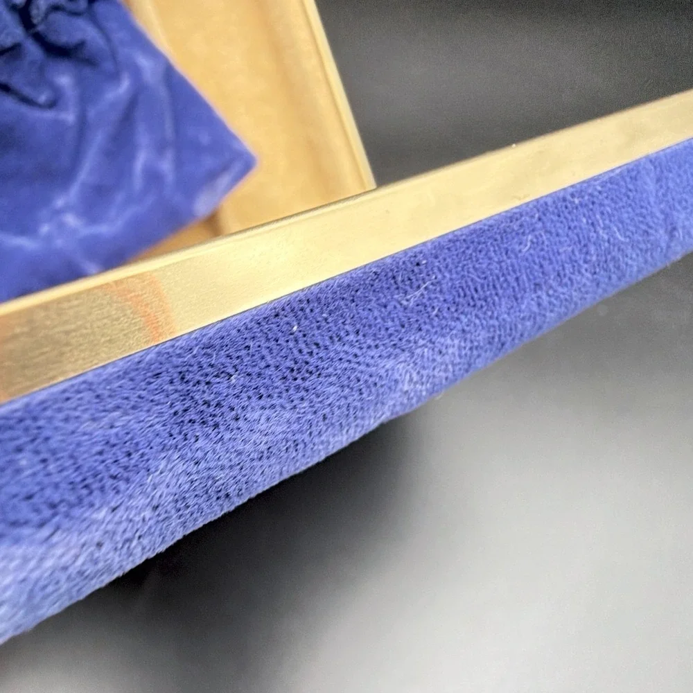 Vintage Blue Velvet Jewelry Box Gold Tone Trim With Drawstring Pouch